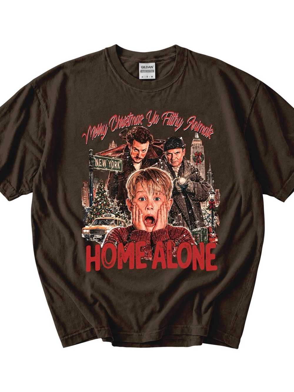 Gildan Brown Christmas Graphic Tee with Red Print